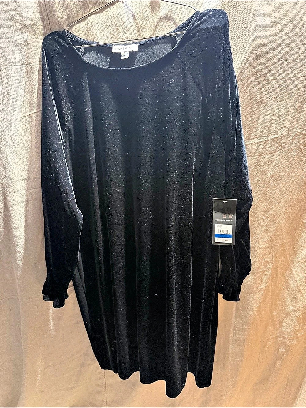 Nine West Long Sleeve Smocked Velvet Shift Dress Black XL NWT